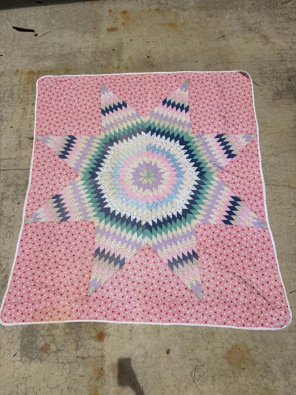 70s Pastel Dandy Lone Star Faded Patchwork Quilt